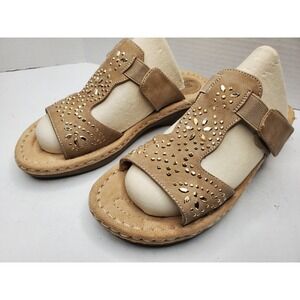 Mountain Sole Karen Sandal Tan Fabric w/Silver Rhinestones Sz 6.5M New Fast Ship